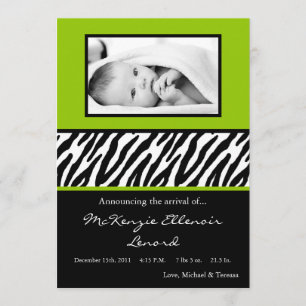 5x7 Black LimeGreen Zebra PHOTO Birth Announcement