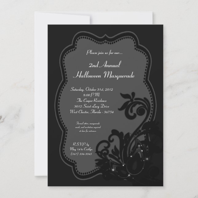 5x7 Black Masquerade Halloween Costume Invitation (Front)