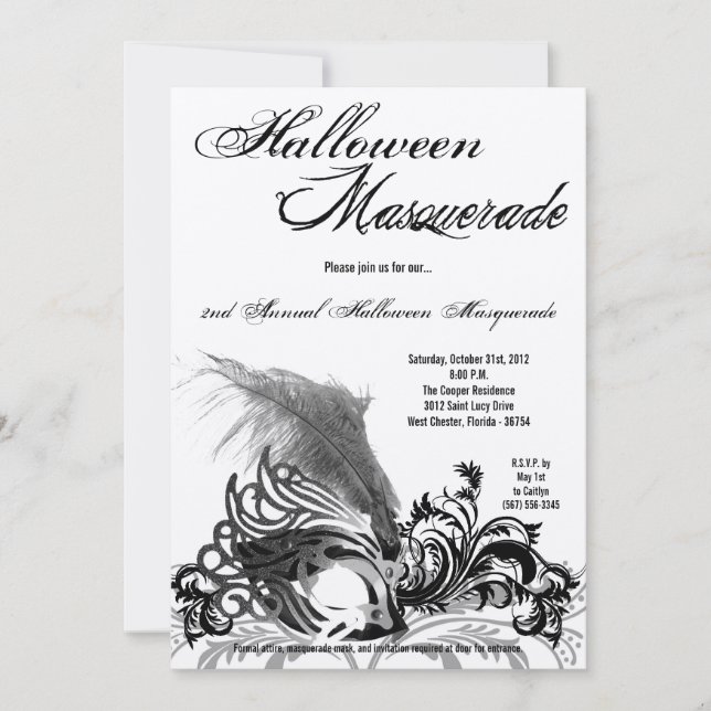 5x7 Black Masquerade Halloween Costume Invitation (Front)