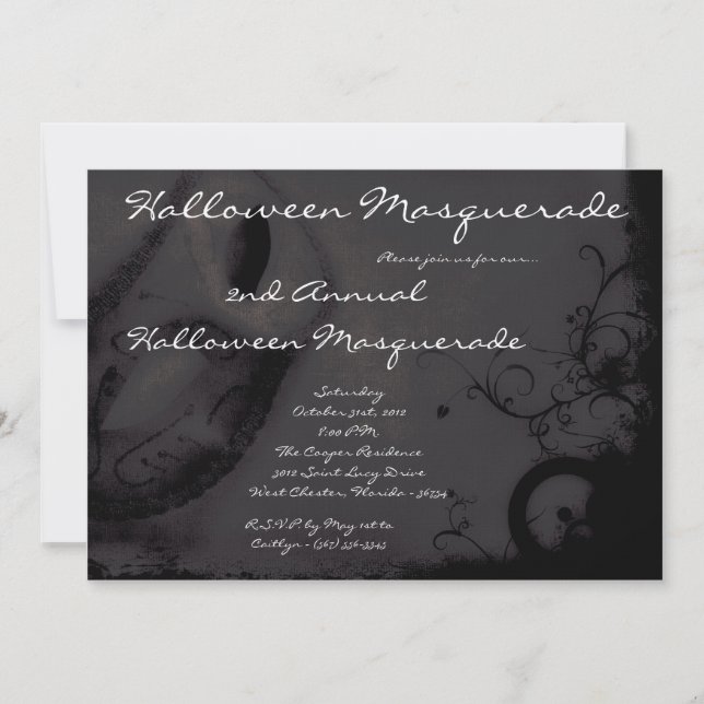 5x7 Black Masquerade Halloween Costume Invitation (Front)