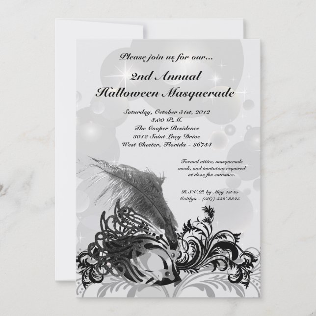 5x7 Black Masquerade Halloween Costume Invitation (Front)