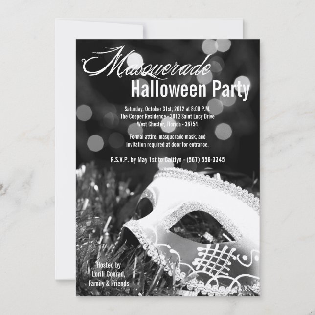 5x7 Black Masquerade Halloween Costume Invitation (Front)