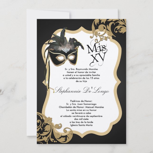 5x7 Black Masquerade Mask Quinceanera Invitation (Front)