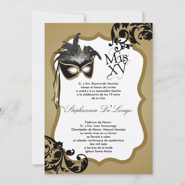 5x7 Black Masquerade Mask Quinceanera Invitation (Front)
