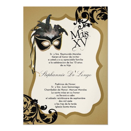 5x7 Black Masquerade Mask Quinceanera Invitation