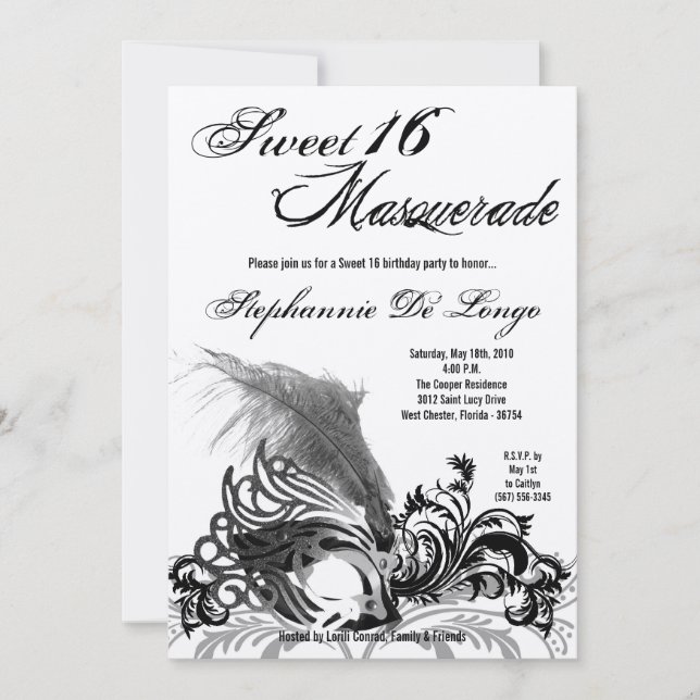 5x7 Black Masquerade Sweet 16 Birthday Invitation (Front)