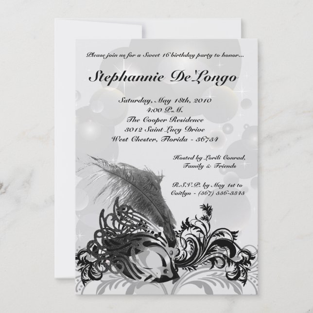 5x7 Black Masquerade Sweet 16 Birthday Invitation (Front)