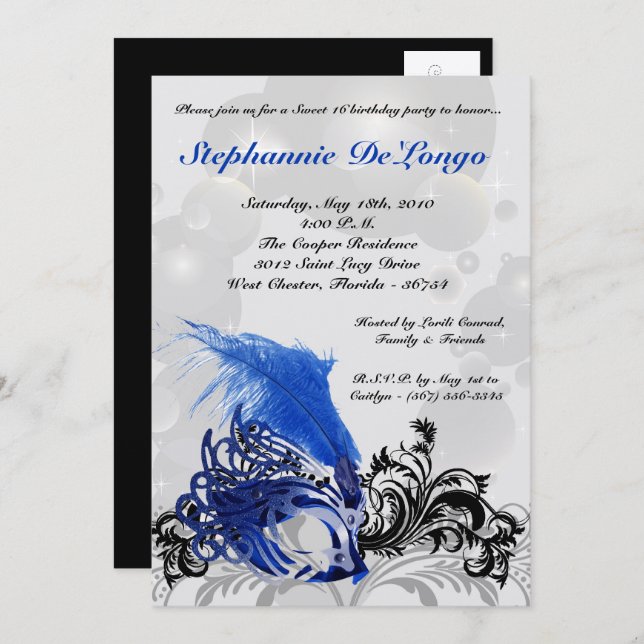 5x7 Black Masquerade Sweet 16 Birthday Invitation (Front/Back)