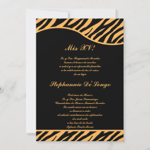 5x7 Black Orange Tiger Quinceanera Party Invite
