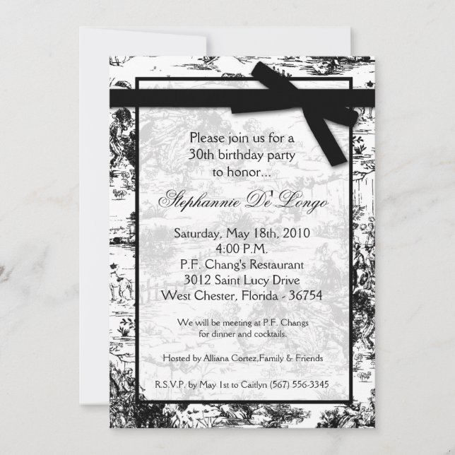 5x7 Black Toile Fabric Birthday Party Invitation (Front)