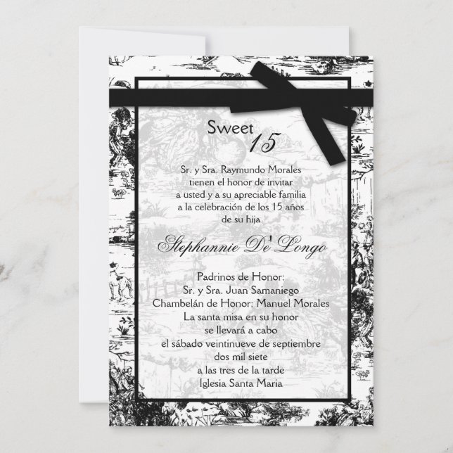 5x7 Black ToileFabric Quinceanera Invitation (Front)