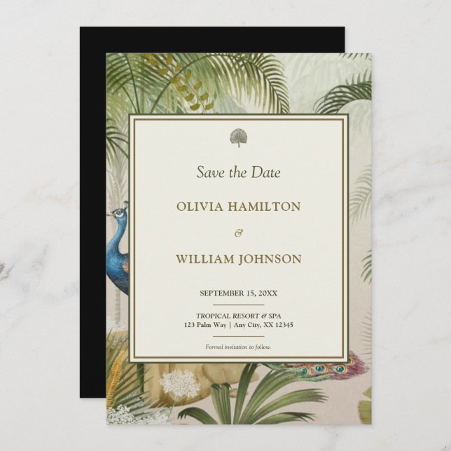 5x7 Black Tropical Peacock Palm Wedding  Save The Date (Front/Back)