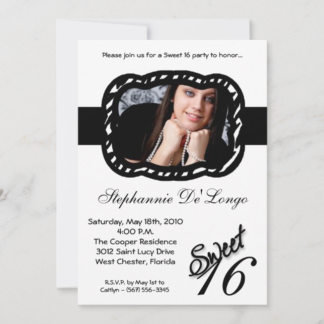 5x7 Black Whit Band PHOTO Sweet 16 Birthday Invite (Front)
