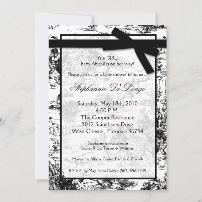 5x7 Black Whit Toile Fabric Baby Shower Invitation (Front)