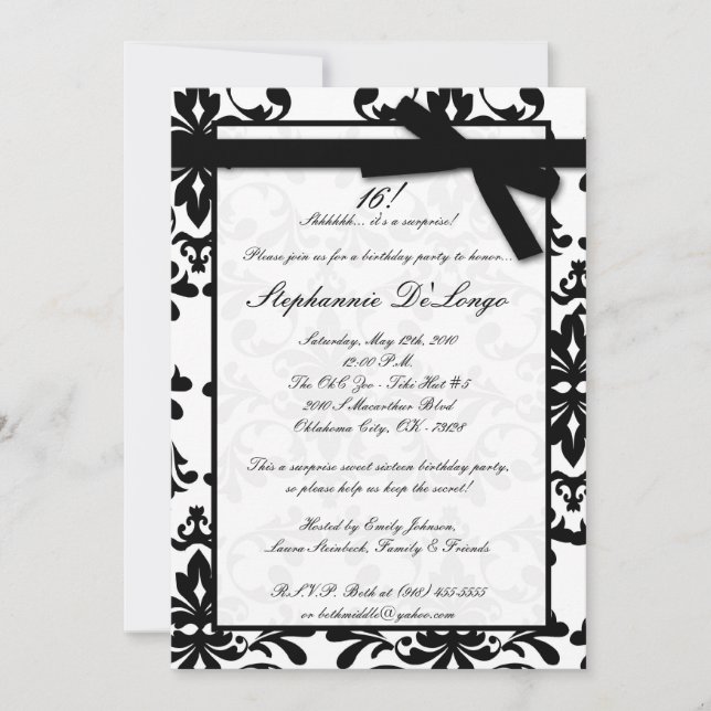 5x7 Black White Damas Sweet 16 Birthday Invitation (Front)