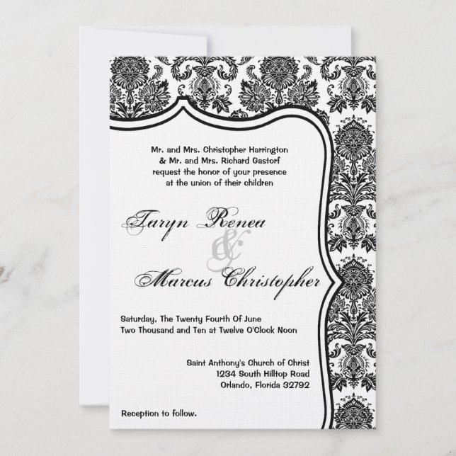 5x7 Black White Damask Lace Wedding Invitation (Front)