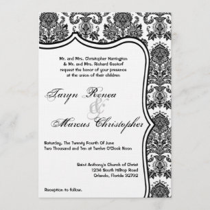 5x7 Black White Damask Lace Wedding Invitation