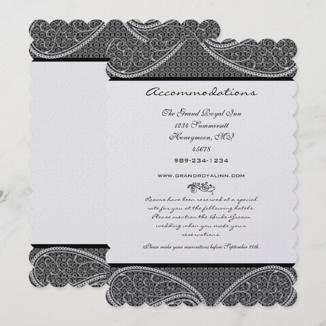 5x7 Black & White Vintage Paisley Damask Wedding Invitation (Front/Back)