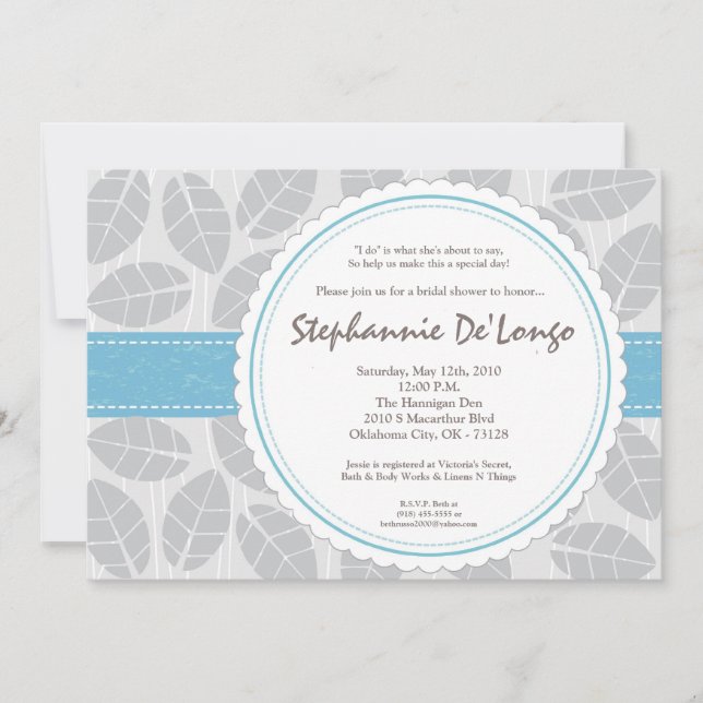 5x7 Blue Band Leaf Foliage Brida Shower Invitation (Front)