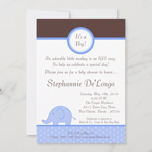 5x7 Blue Boy Mod Elephant Baby Shower Invitation (Front)