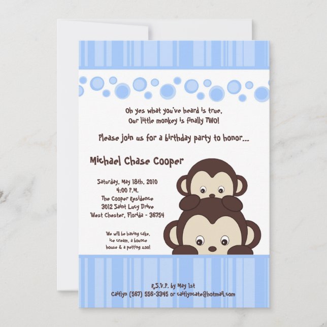 5x7 Blue Boy Pop Monkey Birthday Invitation (Front)
