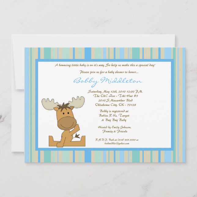 5x7 Blue Boy Woodland Moose Baby Shower Invitation (Front)