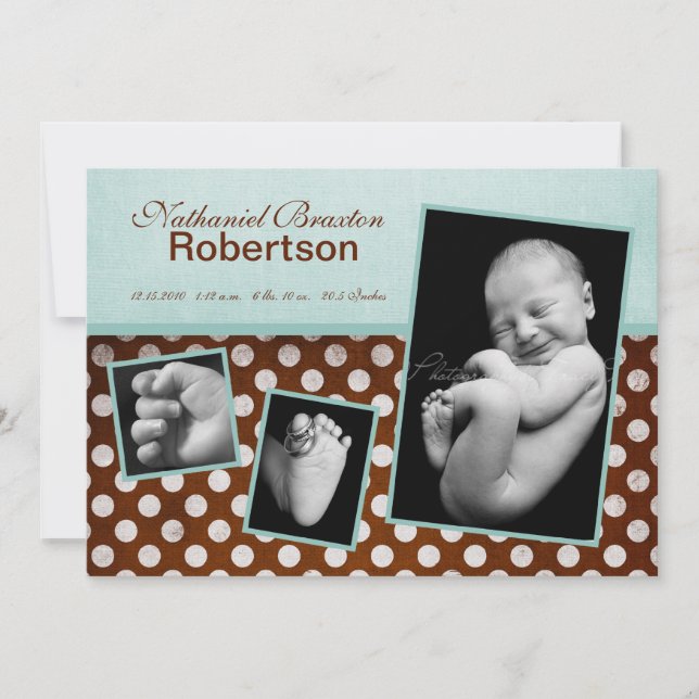 5x7 Blue Brown Polka Dot Photo Birth Announcement (Front)