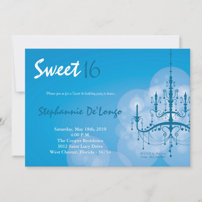 5x7 Blue Chandelier Sweet 16 Birthday Invitation (Front)