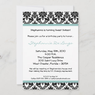 5x7 Blue Damask Birthday Party Invitation