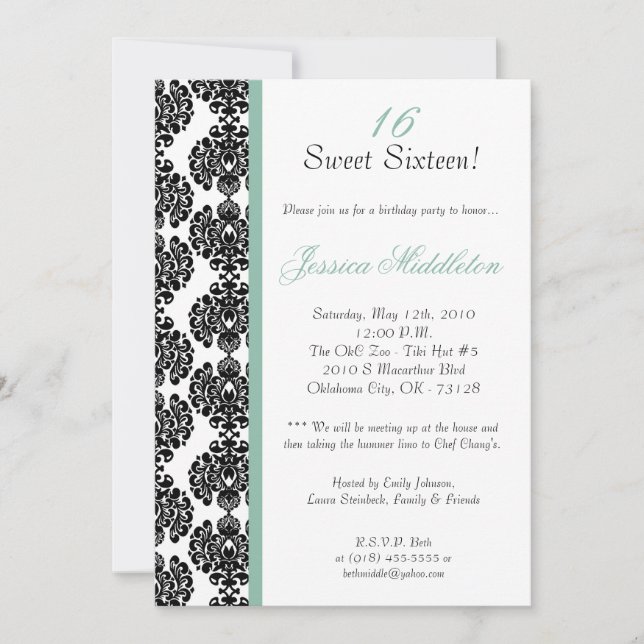 5x7 Blue Damask Birthday Party Invitation (Front)