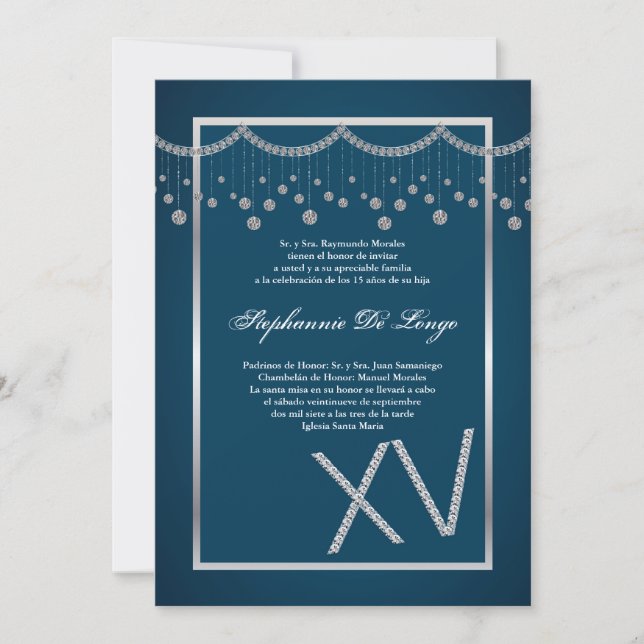 5x7 Blue Diamond Quinceanera Birthday Invitation (Front)