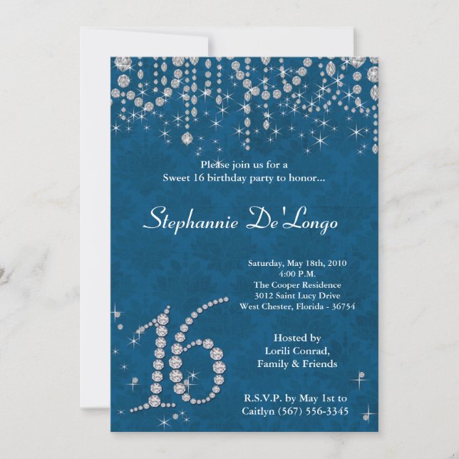 5x7 Blue Diamond Sweet 16 Birthday Invitation (Front)