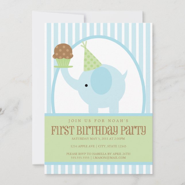 5x7 Blue Elephant Birthday Invitation (Front)