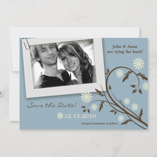 5x7 Blue Floral Photo Save the Date Announcement (Front)