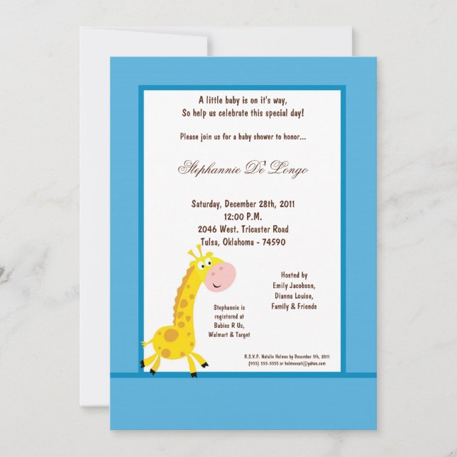 5x7 Blue Giraffe Baby Shower Invitation (Front)
