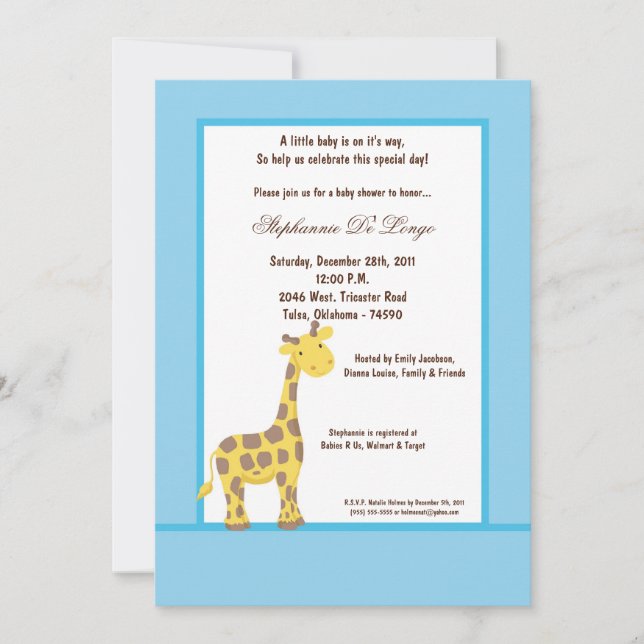 5x7 Blue Giraffe Baby Shower Invitation (Front)