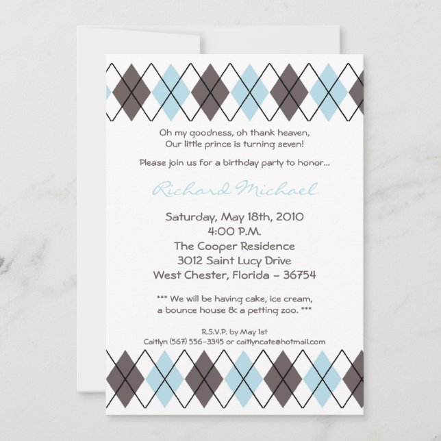 5x7 Blue Gra Argyle Punk Birthday Party Invitation (Front)