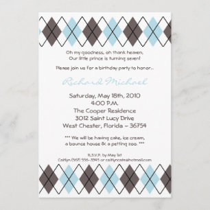 5x7 Blue Gra Argyle Punk Birthday Party Invitation