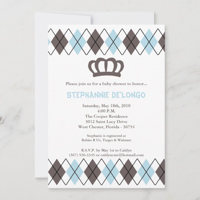5x7 Blue Grey Argyle Crown Baby Shower Invitation (Front)