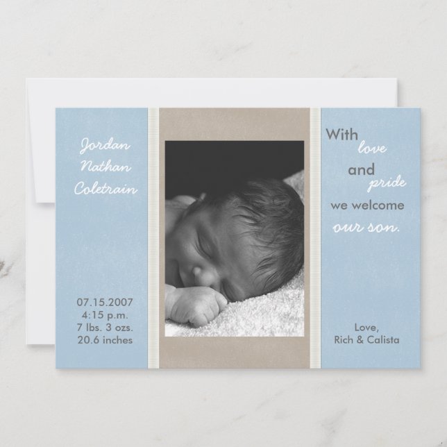 5x7 Blue Grey Ribbon Band Photo Birth Announcement (Front)