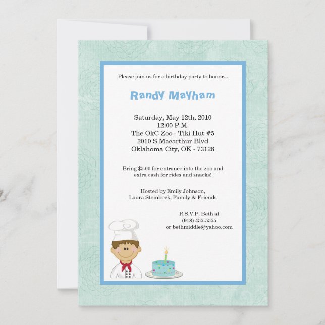 5x7 Blue Kid Boy Chef Birthday Party Invitation (Front)