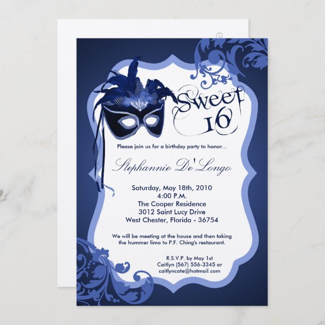 5x7 Blue Masquerade Mask 16 Birthday Invitation (Front/Back)