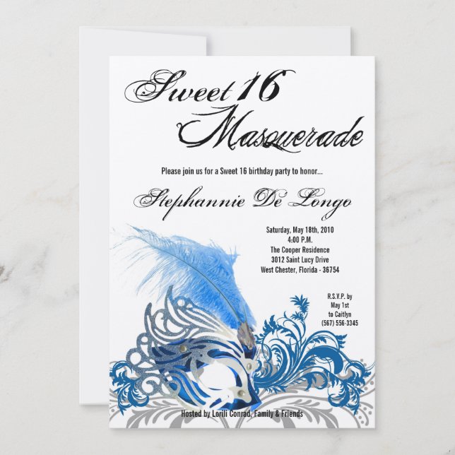 5x7 Blue Masquerade Sweet 16 Birthday Invitation (Front)