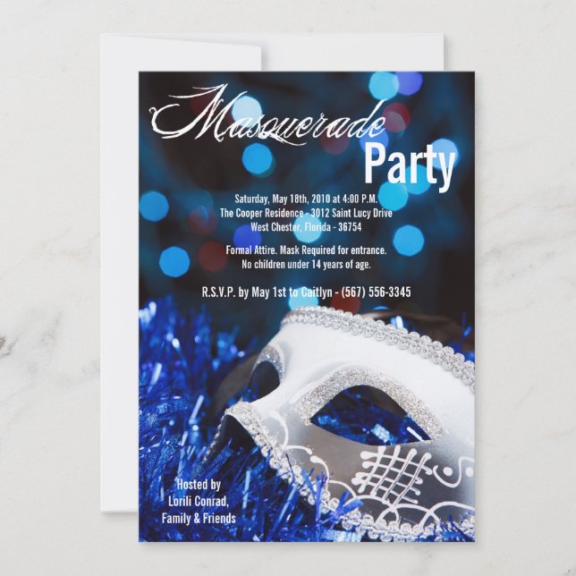 5x7 Blue Masquerade Sweet 16 Birthday Invitation (Front)