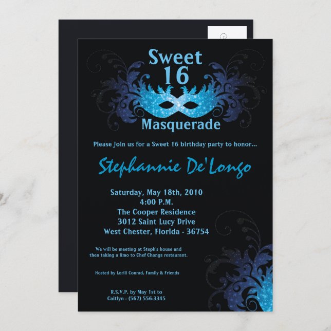 5x7 Blue Masquerade Sweet 16 Birthday Invitation (Front/Back)