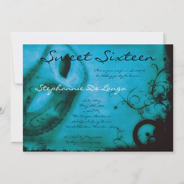 5x7 Blue Masquerade Sweet 16 Birthday Invitation (Front)