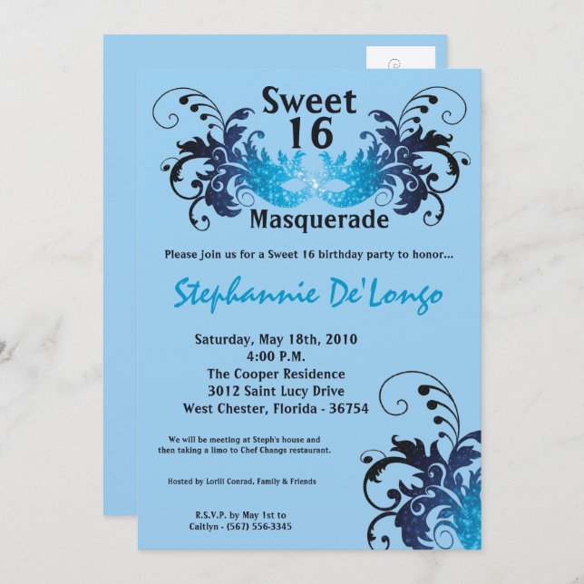 5x7 Blue Masquerade Sweet 16 Birthday Invitation (Front/Back)