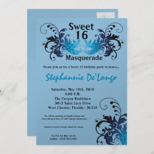 5x7 Blue Masquerade Sweet 16 Birthday Invitation