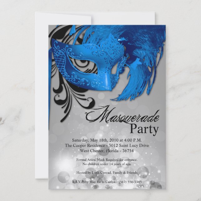 5x7 Blue Masquerade Sweet 16 Birthday Invitation (Front)