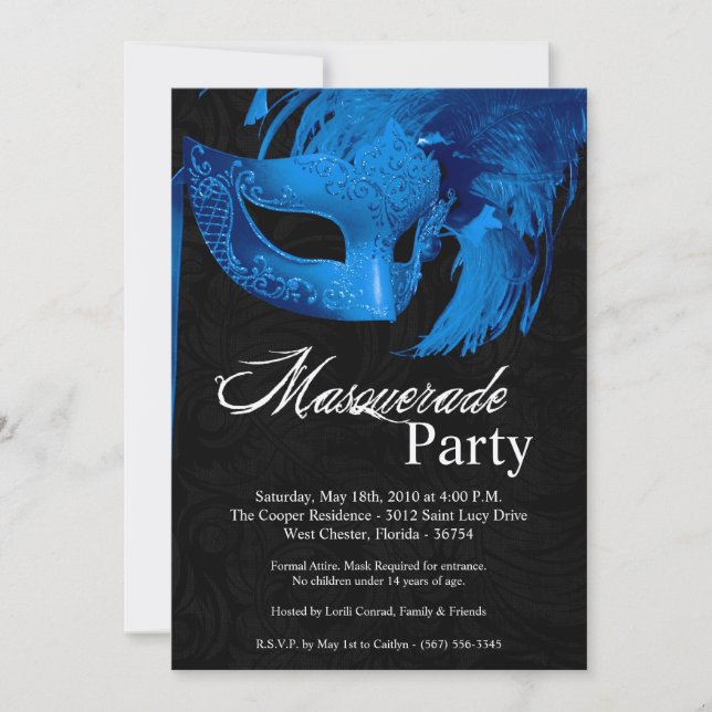 5x7 Blue Masquerade Sweet 16 Birthday Invitation (Front)